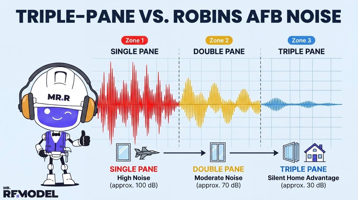 A sound reduction infographic showing how triple-pane windows significantly lower noise levels for homeowners near Robins Air Force Base.